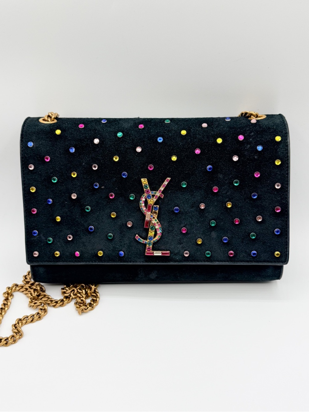 Saint Laurent Black Suede YSL Chain Crossbody with Multicolor Crystal Studs